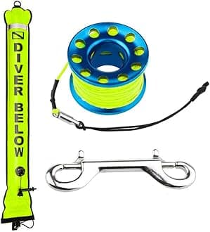 4ft Yellow Scuba Diving SMB, Open Bottom Surface Marker Buoy with Safety Sausage with 49ft Alloy Dive Reel and Double-Ended Bolt Clip for Underwater Sports Blue