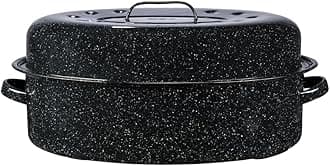 Oval Roaster 19 inch with Lid (Speckled Black) - Enamelware Roasting pan. Home or on The Grill. Great Grilling, Boiling, Baking or Roasting. Dishwasher Safe.