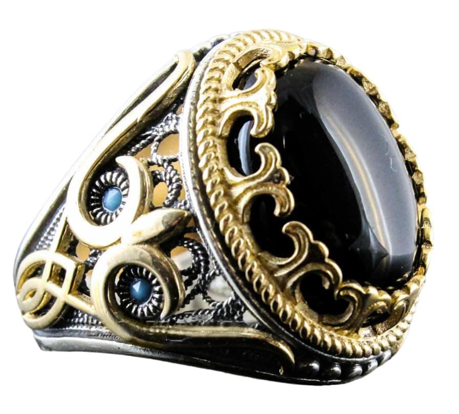Luxury 925 Sterling Silver Two Tone Agate Black Onyx Handmade Turkish Hollow Ring Natural Stone Retro Jewelry