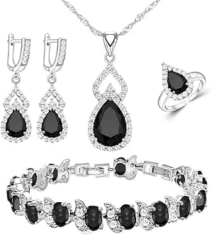 Women Jewelry Set Platinum Plated Necklace Open Ring Earrings Bracelet Set,Birthday/Anniversary Mother’s Day Jewelry Gifts for Mom/Wife/Sister/Best Friend