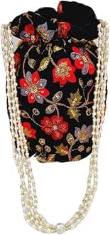 Piyas Planet Jari Potli Bag With Pearl Handle (Black-Red)