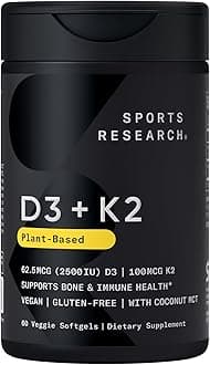 Vitamin D3 + K2 w/Coconut Oil - Vegan Vitamin D 2500iu (62.5mcg) & Mk7 Vitamin K 100mcg for Bone & Immune Support - Vegan Certified · Non-GMO · Soy Free - 60 Softgels
