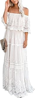 Women's Casual Off Shoulder Lace Maxi Dress Boho White Bridesmaid Wedding Evening Party Dresses