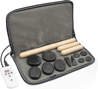 Goodtar Massage Stones Set with Warmer Kit Hot Rocks Bamboo for Massage Hot Stones Massage Warmer Kit with Temperature Control and Carry Bag for Home Use (11 Stones and 3 Sticks) Suitable for Gifting