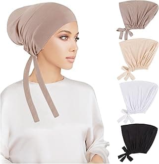 PHOGARY 4 Pcs Women Hijab Undercap, Islamic Muslim Under Hijab Cap Inner Under Scarf Hat Hijab Cap with Tie Back Closure Solid Color Underscarf Hijab Cap Turban Head Wraps for Women Chemo Sleep Cap