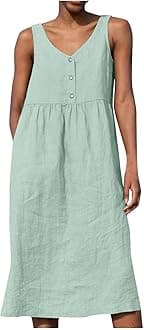 SmxrfitkSpring Summer Dresses for Women 2025 Casual Quarter Button V Neck Sleeveless Dress Cotton Linen Comfort Soft Dress