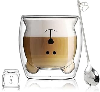 Binoster Cute Mugs Glass Double Wall Insulated Glass Espresso Cup, Coffee Cup, Tea Cup, Milk Cup, Best gift for Office and Personal Birthday (Happy bear)