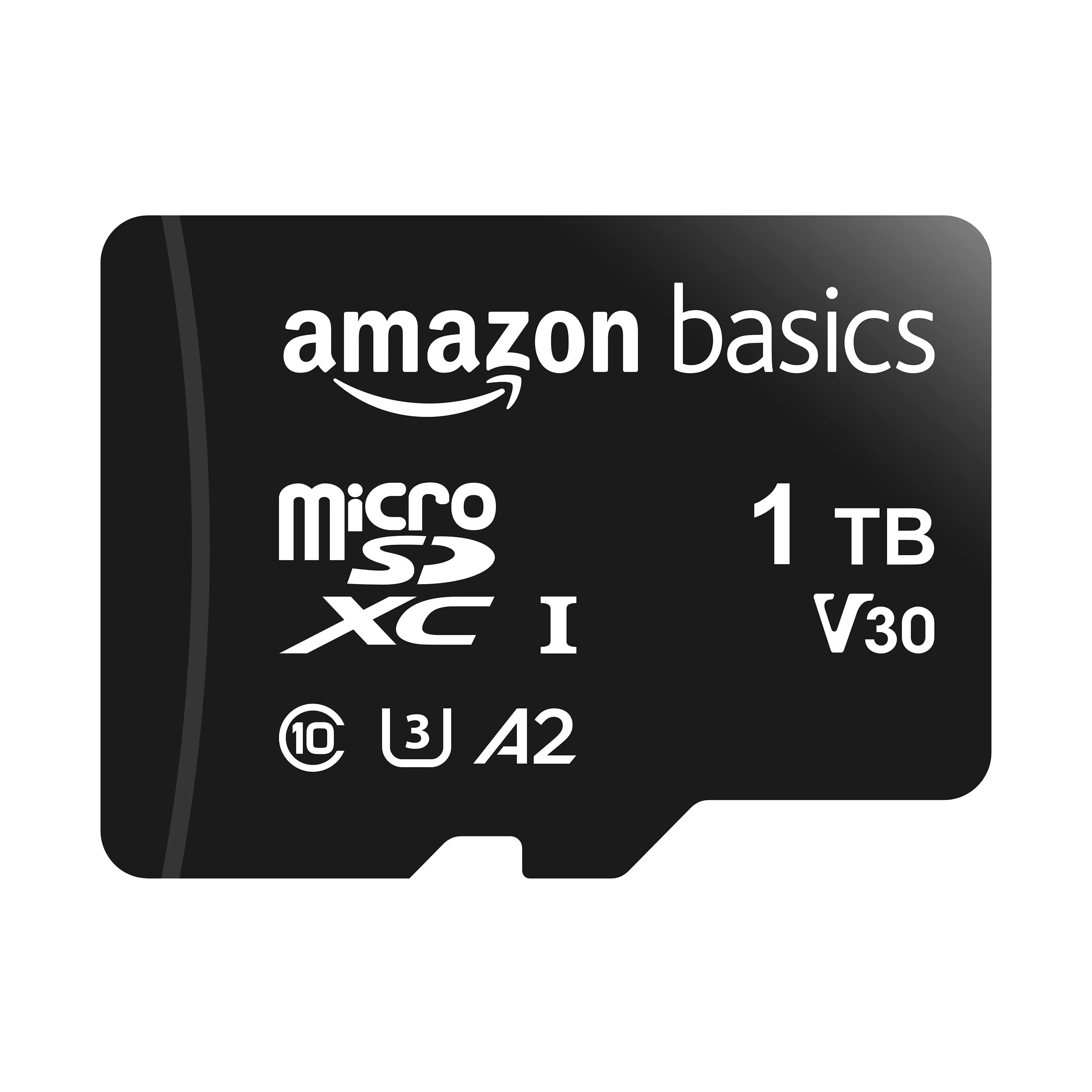 - Amazon Basics microSDXC Memory Card with Full Size Adapter, A2, U3, Read Speed up to 100 MB/s, 1 Tb, Black