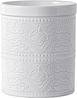 FE Kitchen Utensil Holder,7.2" Large Utensil Crock Heavy and Stable Lace Emboss Ceramic Utensil Holder for Countertop (Bright White)