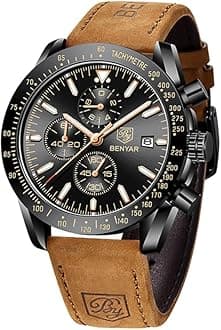 BY BENYARStylish Wrist Watch for Men, Genuine Leather Strap Watches, Perfect Quartz Movement, Waterproof and Scratch Resistant, Analog Chronograph Business Watches, Best Mens Gift