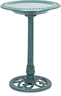 Alpine Corporation TEC116 Outdoor Aged Green Pedestal Birdbath with Scrollwork, 28" Tall, Green