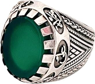 Shia Ring – 925 Sterling Silver Panjtan Ring with Flat Green Yemeni Agate, Ahlulbayt Ali Hasan Hussein Hz Ali & Hz Muhammad Islamic Jewelry