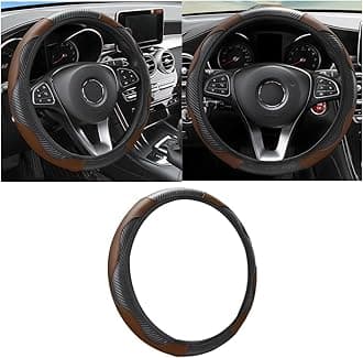 Car Steering Wheel Cover, 15 inch Carbon Fiber Microfiber PU Leather Elastic Steering Wheel Protector for Men Women, Anti-Slip Breathable Car Interior Accessories for Most Cars (Black/Coffee)