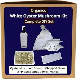Organico Complete DIY White Oyster Mushroom Growing Kit (Spawn + Straw Substrate + PP Grow Bags + Spray Bottle + Cutter + Manual), First Generation White Mycelium Big Petal Oyster Mushroom Spawn/Seed