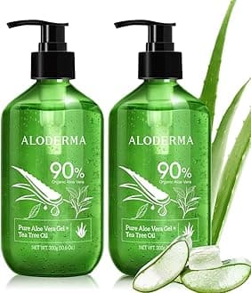 Aloe Vera Gel + Tea Tree Oil, Made with Refreshing Organic Aloe for After Sun Skin Care, Multipurpose Use for Hair and Scalp, and Face or as a Shaving Gel or Aftershave - 10.6Oz x 2btls