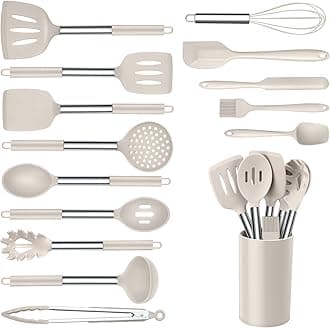Onader Silicone Cooking Utensils Set of 15, Kitchen Utensils Set with Holder for Nonstick Cookware, 446°F Heat Resistant Stainless Steel Handle - Khaki