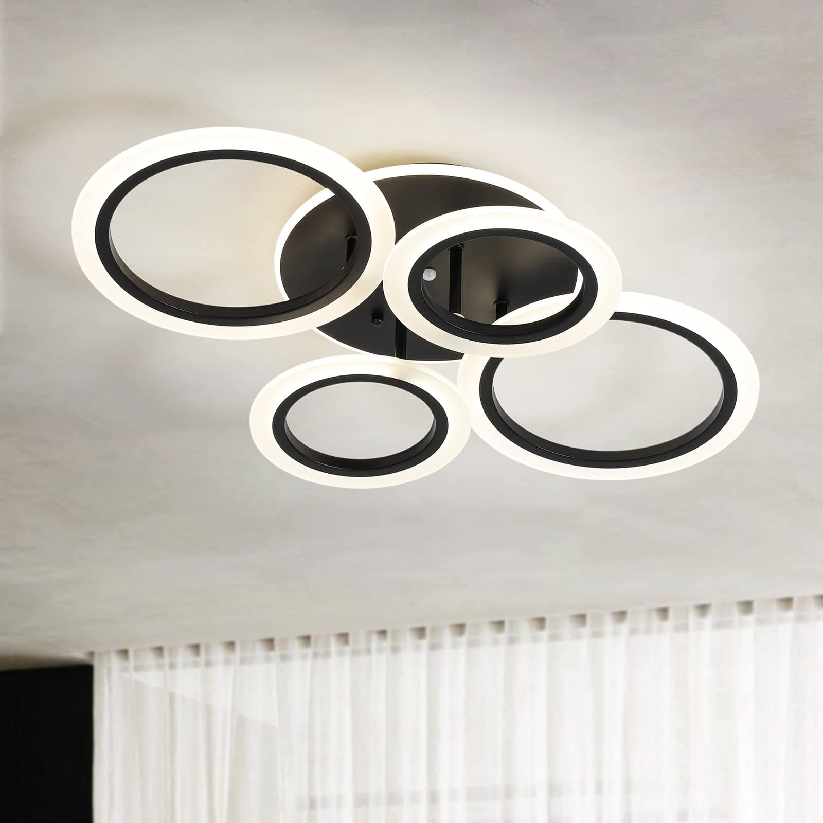 Modern LED Ceiling Light, Dining Room Ceiling Light Fixtures, 4 Rings Black LED Flush Mount Ceiling Light, 24" 65W Remote Control Dimmable 3000K-6500K for Living Room, Kitchen, Bedroom, Office