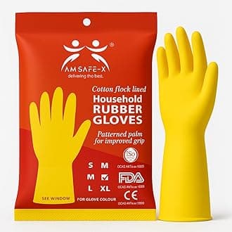 AM SAFE-X Heavy Duty Household Cleaning Rubber Hand gloves, Dishwashing Gloves, Kitchen Cleaning, Working, Painting, Gardening, Pet Care, 1 Pair, Medium, Yellow