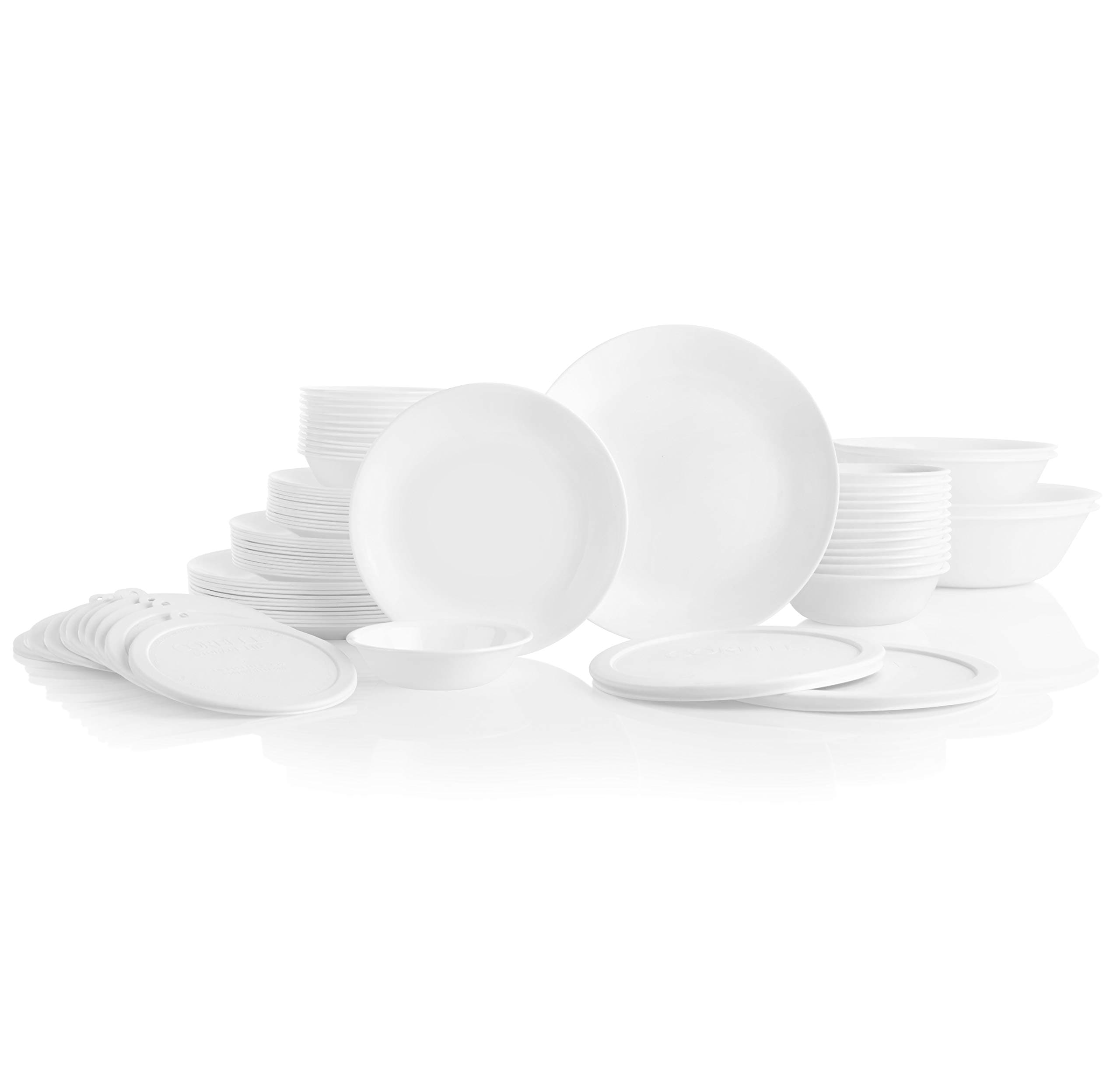 Vitrelle 78-Piece Service for 12 Dinnerware Set, Triple Layer Glass and Chip Resistant, Lightweight Round Plates and Bowls Set, Winter Frost White