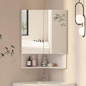 Corner Mirror Cabinet - Wall Mounted Bathroom Storage With 2-Door, 47 x 60 cm