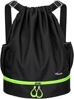 Ryaco Drawstring Backpack Sports Gym Bag, Water Resistant String Sackpack Large Size with Zipper and Water Bottle Mesh Pockets for Gym Shopping Sport Yoga School Swimming Beach (Black & Neon Green)
