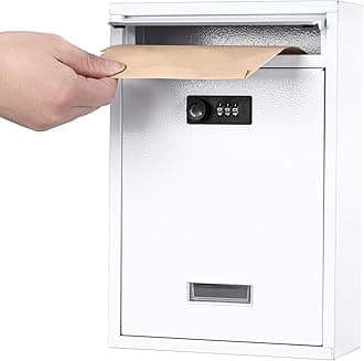 KYODOLED Locking Wall Mount Mailbox, Mail Boxes with Combination Lock for Outside, Security Cash Key Letter Drop Box with Code for House Office School,12.4H x 8.54L x 3.35W Inches, White