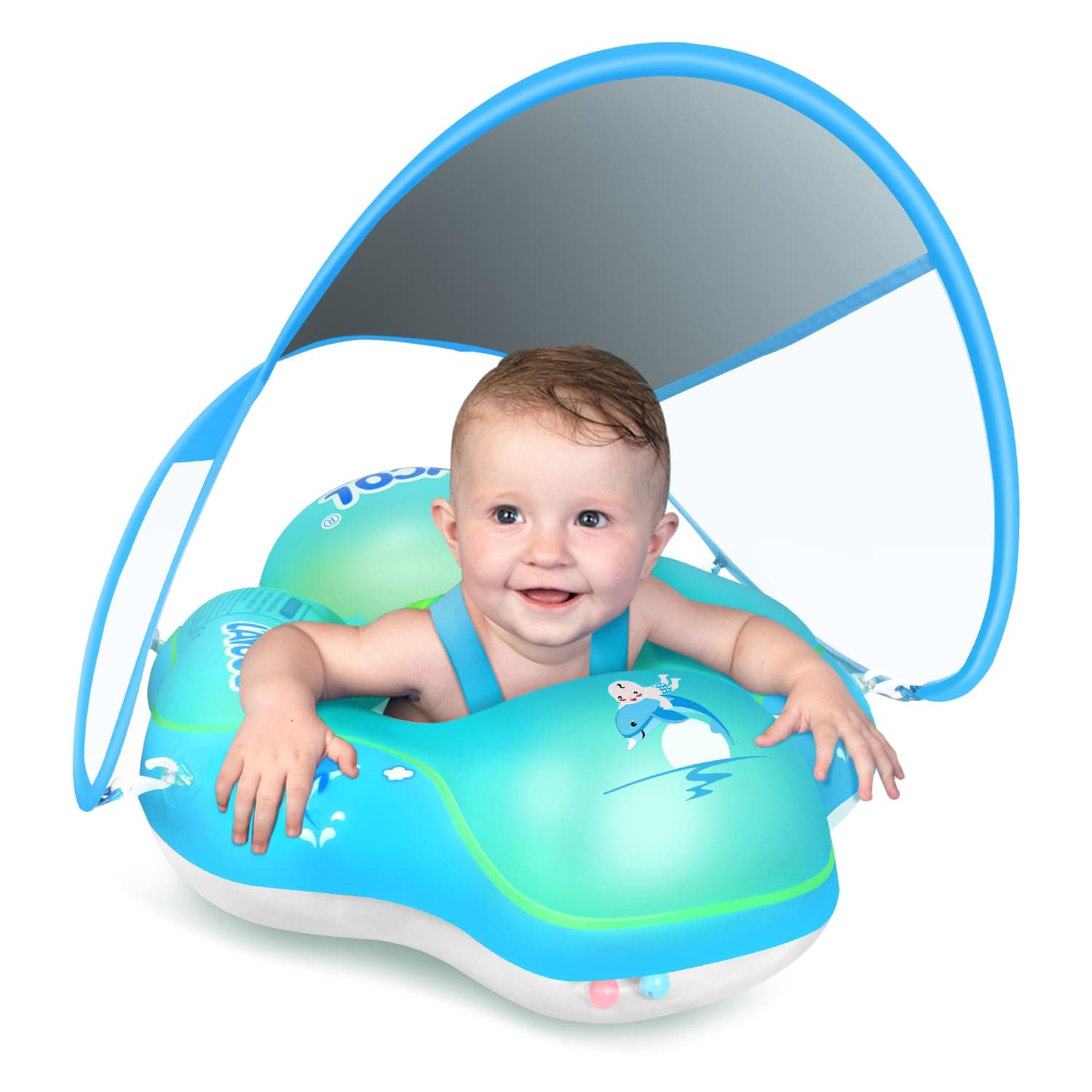 Baby Pool Float No Flip Over, Inflatable Baby Float with Sun Protection Canopy, Baby Swimming Float, Baby Swim Float with Double Air Chambers, Add Tail for Age of 3-36 Months