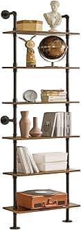 YMYNY Industrial Pipe Ladder Shelf, 6-Tier Wall Mounted Bookcase with Metal Frame, 78.7" Open Bookshelf, Multifunctional Storage Rack for Home Office, Living Room, Plant Stand, Rustic Brown, RF-TM018