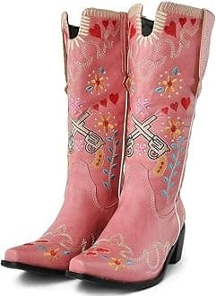 Cowboy Boots For Women, Cute Bluebonnet Floral Embroidered Fashion Country Boots Pointed Toe Chunky Heel Wide Calf Fancy Comfortable Pu Leather, Cowgirl Boots