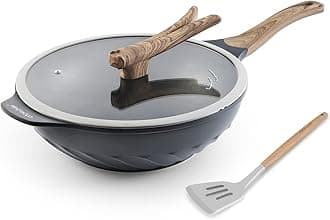 COOKLOVERWok Nonstick Die-cast Aluminum Scratch Resistant PFOA Free Induction Woks And Stir Fry Pans with Glass Lid 12.6Inch - Slate Grey