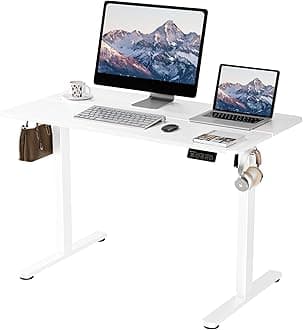 ERGOMAKER Elevating Desk Width 43.3 inches (110 cm) x Depth 23.6 inches (60 cm), Standing Desk, Elevating Desk, Height Adjustment Desk, Electric Elevation Desk, with Hanging Hook, Quiet Motor, Gaming Desk, Elevation Type, Elevation Table, Computer Desk, Adjustable Memory Function, Top Board Included (White Feet)