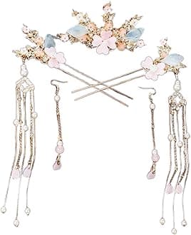 5 Pcs Flower Tassels Hairpin, Chinese Hair Pins Flower Pins for Hair, Chinese Hanfu Hairpin Rhinestone Pearl Clips Headpiece, Retro Hanfu Wedding Brides Updo Long Hair Accessories (Four Jade Leaves)