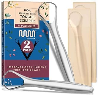 100% Stainless Steel Tongue Scraper (Spoon Shape) with Travel Case - 2 Pack, Fights Bad Breath, Great for Oral Care, Medical Grade Tounge Scraper Cleaner for Adults and Kids, with Non-Synthetic Handle
