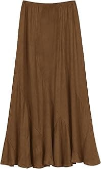 Women's Faux Suede Elastic Waist Midi Long Skirt A Line Women Flowy Skirts