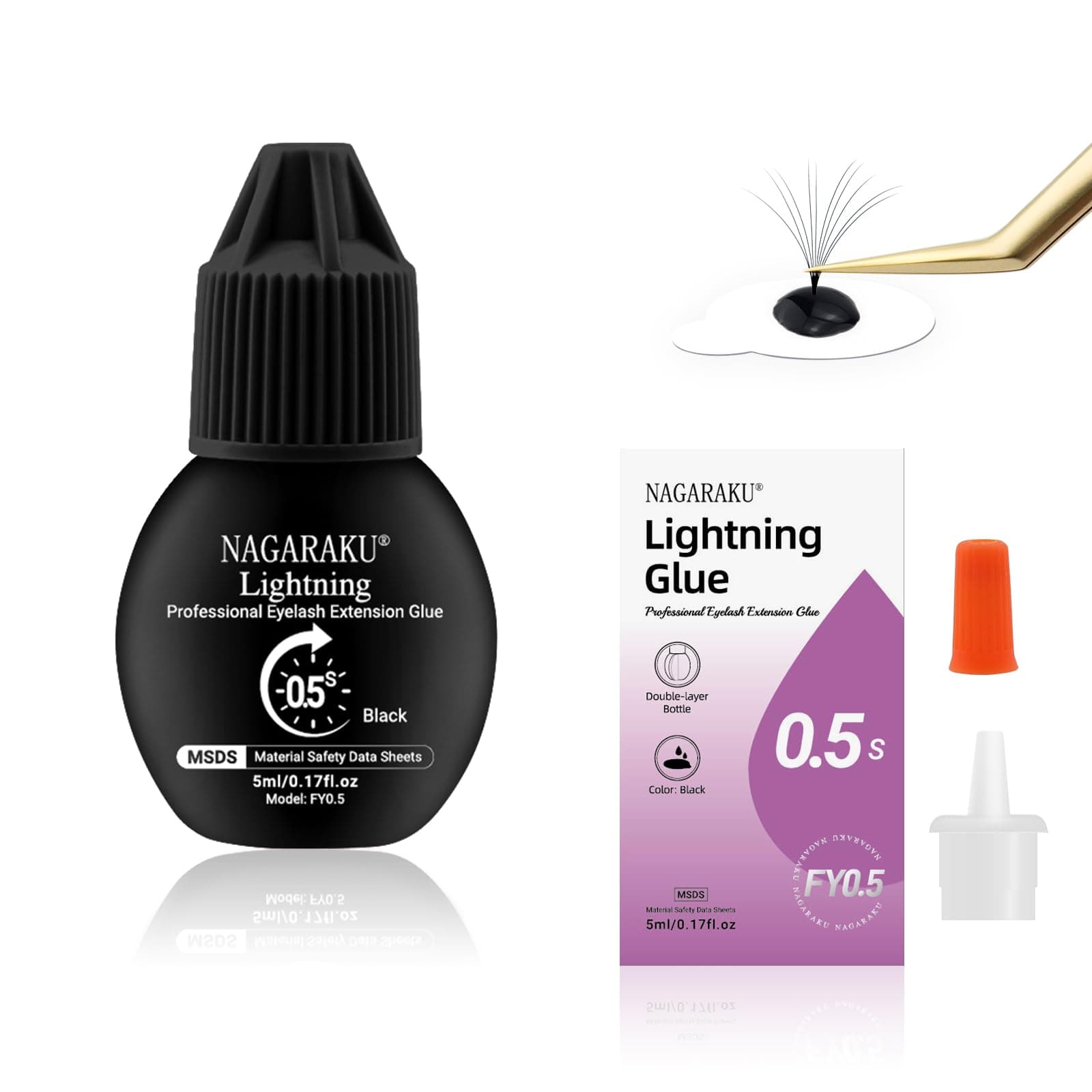 Lightning Eyelash Extension Glue 0.5s Fast Drying Retention 35-45 Days 5ml/0.17fl Low Fume Anti-Allergic Storage Time 12 Months Lash Glue Black False Lashes Adhesive Professional Salon Use