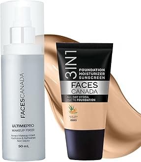 FACESCANADA Waterproof Fix & Finish Kit | Makeup Fixer (50ml) + Medium Natural All Day Hydra Matte Mini Foundation (18ml) | Makeup Kit For Women (Combo Pack of 2)