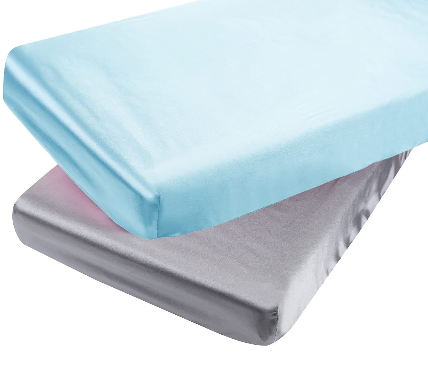 Satin Pack n Play Sheet Set 2 Pack Ultra Soft Silk Fitted Mini Crib Sheets Playard Sheet Protect for Baby Hair and Skin, Grey & Lt Blue