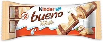 Kinder Bueno White Chocolate Bulk Box - Crispy Wafer with Creamy Hazelnut Filling & Cocoa Meringue - 30 Packs x 2 Bars (60 Bars Total) - Wholesale Case