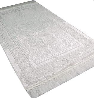 Modefa Velvet Prayer Rug with Prayer Beads Turkish Janamaz Sajadah Floral Stamp Luxury Plush (White)