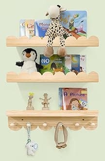 Nursery Shelves for Wall with Hooks-Scalloped Wall Book Shelves for Bedroom Kids Set of 3, Nursery Furniture Must Have, 16 Inch, Natural