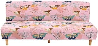 Mateju Armless Sofa Bed Cover, Butterfly Pattern Folding Sofa Bed without Armrests, Non Slip Stretch Futon Slipcover Protector for 2-3 Seater, Washable Couch Bed Slipcovers (Blush,190-230cm)