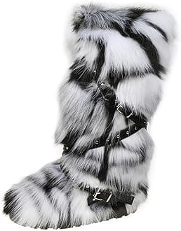 Faux Fur Boots for Women Long Furry Knee High Boots Comfy Warm Plush Snow Boots Winter Fuzzy Outdoor Boots Fluffy Indoor Flat Shoes