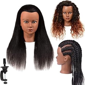 Mannequin Head with 100% Real Hair, 16 Inch Hairdresser Cosmetology Manikin Head Training Practice Brading Doll Head for Hairstyling With Clamp Holder(16Inch,Black)