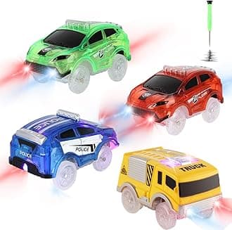 Tracks Cars Only Replacement, Flex Track Race cars for Magic Tracks Glow in the Dark, LED Lights Up Battery Operated Snap N Glow Trax cars Accessories, Compatible with Most Car Tracks for Kids (4pack