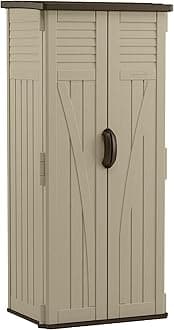 Suncast Vertical Shed, Compact Outdoor Storage System, 22 Cu. Ft. Capacity, Sand & Mustang - Lockable Multi-Wall Resin Organizer for Long-Handle Tools, Garden Supplies and Yard Equipment