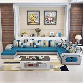 Ripple FURNITURE Silvester U Shape 9 Seater Modern Interchangeable Fabric Sofa Set with 4 Puffy (Right, Blue & White)