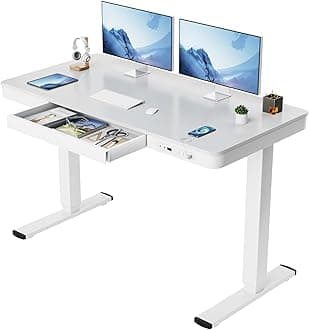 Furmax Electric Standing Desk with Drawer 48 x 24 Inch Adjustable Height Stand up Desk One-Piece Board Pre-Assembled Home Office Computer Desk with USB Ports, White