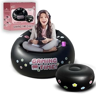 FranFusion Inflatable Pink Gaming Chair for Kids & Teens with Cup Holders and Side Pocket - This Air Bean Bag Game Chair is The Perfect Furniture for Gamer Room Décor (Gaming Time with Ottoman)