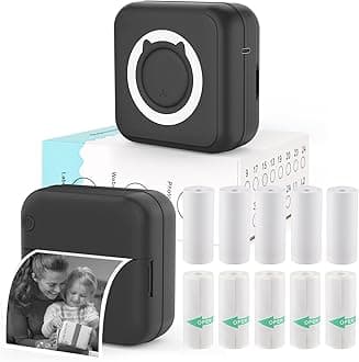 Mini Photo Printer - Portable Pocket Sticker Printers for iPhone Thermal Printer with 10 Rolls Thermal Paper for Photo, Memo, Journal - Black