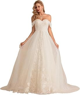 Miao Duo Women's Ivory Off Shoulder Plus Size Lace Tulle Appliqued Wedding Dress Plus Size Ivory Bridal Gowns 2025 18W
